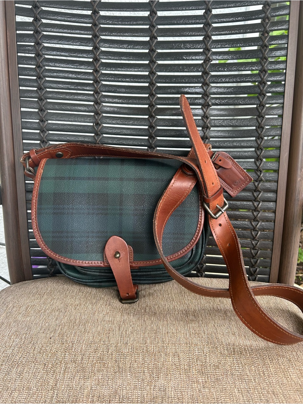 90s Ralph Lauren Classic Green Plaid Crossbody Bag with Brown Leather Trim